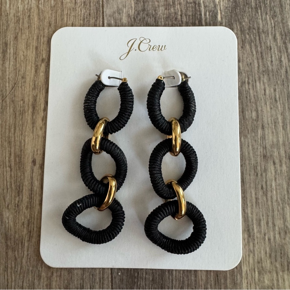 NWT! J. Crew Cotton Raffia-wrapped Chain Dangle Earrings in black - Picture 3 of 4